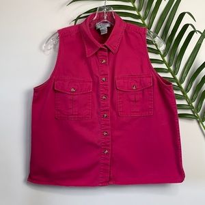 Vintage Retro Hot Pink East West Button Up 100% Cotton Vest Sleeveless Top
